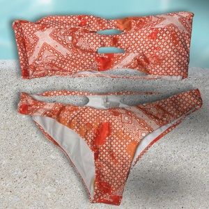 Bandeau Bikini Orange geometrical design Swimsuit Size XL